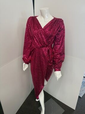 Pia Gladys Perey Fuchsia Sequin Wrap Long-Sleeve Midi Dress